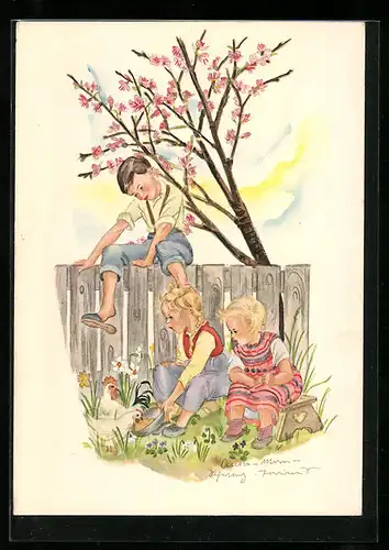 Künstler-AK Schwarz-Torino: Mädchen füttern Hühner und Junge sitzt auf Zaun, Blüten