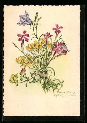 Künstler-AK Schwarz-Torino: Ein bunter Blumenstrauss