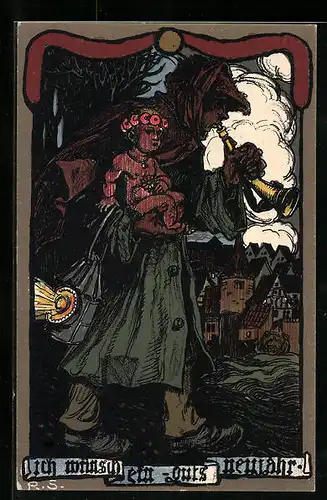 Künstler-AK Rudolf Schiestl: Nachtwächter mit Kind auf dem Arm