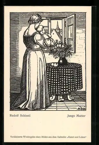Künstler-AK Rudolf Schiestl: Junge Mutter mit Kind auf dem Arm