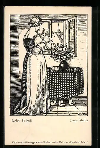 Künstler-AK Rudolf Schiestl: Junge Mutter mit Kind auf dem Arm
