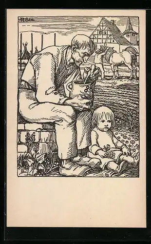 Künstler-AK Rudolf Schiestl: Bauer mit Kind beim Mittag, Ackerpartie mit Häusern, Pferd