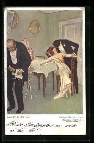 Künstler-AK Robert Schiff: Mann küsst Frau im Restaurant