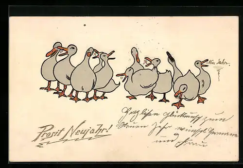 AK Schnatternde Gänse in einer Reihe, Neujahrsgruss