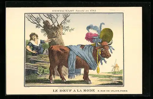 AK Paris, Restaurant Le Boef la Mode, Rind mit Schal und Hut