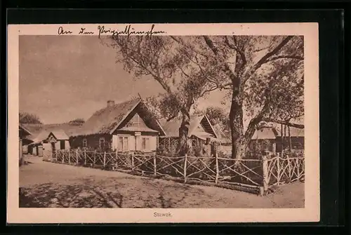 AK Stawok, Ortspartie mit Reetgedeckten Häusern