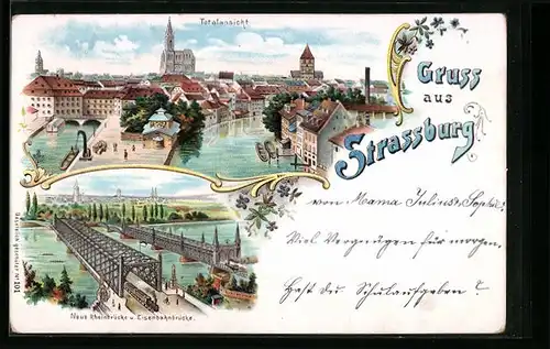 Lithographie Strassburg, Neue Rheinbrücke u. Eisenbahnbrücke, Totalansicht