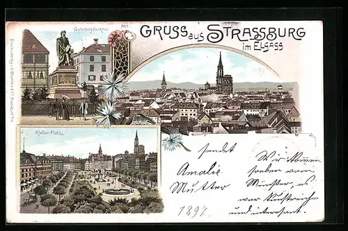 Lithographie Strassburg /Elsass, Kleber-Platz, Gutenberg-Denkmal, Ortsansicht aus der Vogelschau