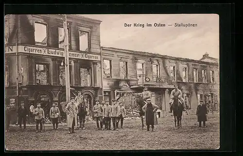 AK Stallupönen, Strassenpartie mit ehem. Cigarren Geschäft, Krieg im Osten