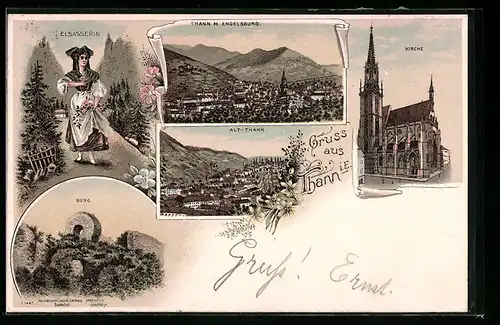 Lithographie Thann i. E., Kirche, Burg, Elsässerin in Tracht