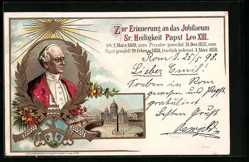 Lithographie Jubiläum Sr. Heiligkeit Papst Leo XIII., geb. 1810, zum Priester geweiht 1837, zum Papst Gewählt 1878