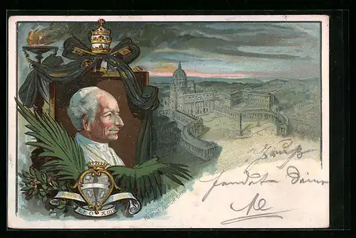 Lithographie Papst Leo XIII., Petersdom und Platz, Erinnerung zum Trauertag des Todes