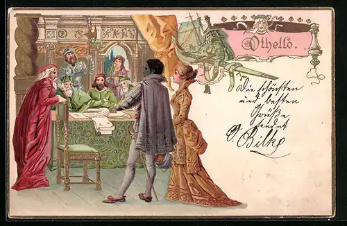 Präge-Lithographie Szene aus Othello, Bühnenstück von Shakespeare
