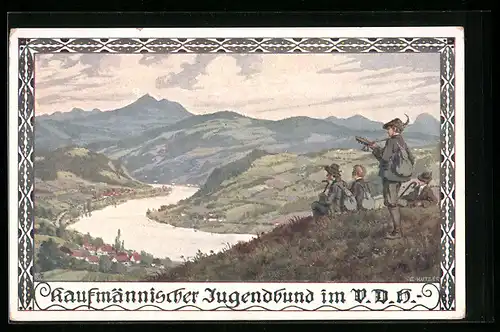 Künstler-AK Ernst Kutzer: Kaufmännischer Jugendbund im VDH, junge Wanderer schauen auf den Rhein