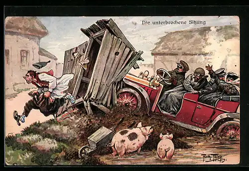 Künstler-AK Arthur Thiele: Die unterbrochene Sitzung, Mann auf der Toilette