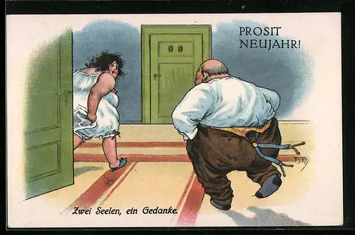 Künstler-AK Arthur Thiele: Zwei Seelen ein Gedanke, Prosit Neujahr!