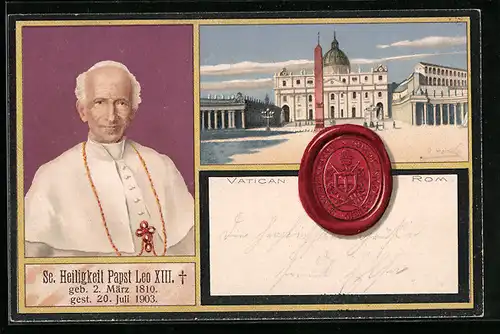 Lithographie Rom-Vatikanstadt, Porträt Papst Leo XIII., Petersplatz, Siegel