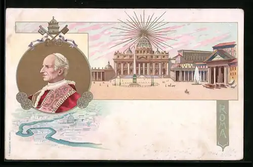 Lithographie Roma, Petersdom und Papst Leo XIII.
