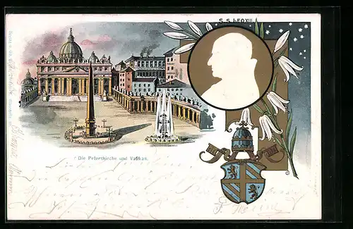 Präge-Lithographie Rom, Petersdom mit Petersplatz, Konterfei Papst Leo XIII.