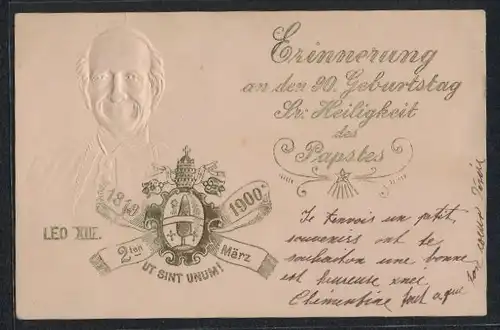 Präge-AK Erinnerung an den 90. Geburtstag Sr. Heiligkeit des Papstes Leo XIII. 1900