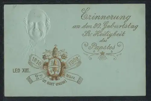 Präge-AK Neunzigster Geburtstag Sr. Heiligkeit des Papstes Leo XIII., 1810-1900, Wappen