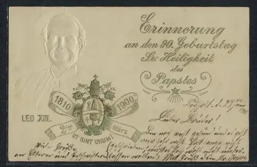 Präge-AK Erinnerung an den 90. Geburtstag Seiner Heiligkeit des Papstes Leo XIII. 1900