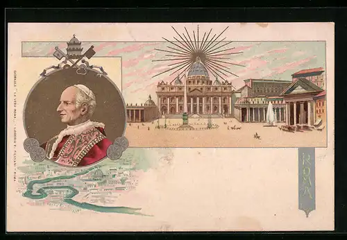 Lithographie Portrait von Papst Leo XIII., Petersplatz