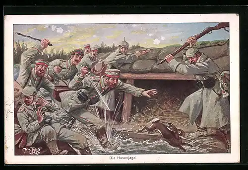 Künstler-AK Arthur Thiele: Soldaten bei Hasenjagd im Schützengraben