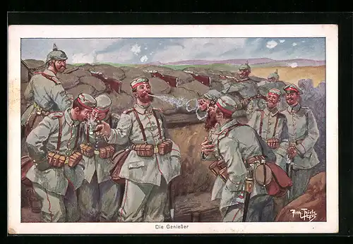 Künstler-AK Arthur Thiele: Die Geniesser, im Schützengraben