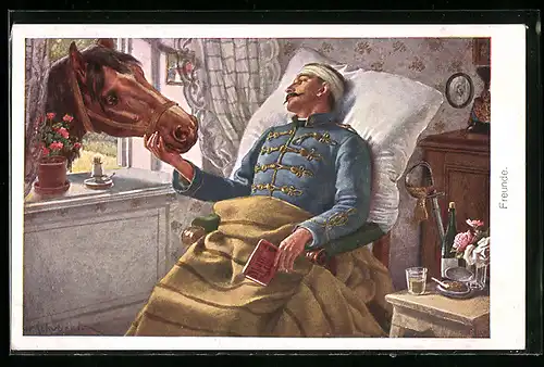 Künstler-AK H. Schubert: Kriegsversehrter streichelt sein Pferd