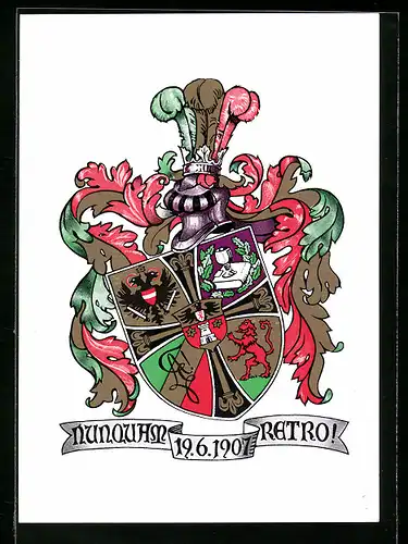 AK K.Ö.H.V. Amelungia, Nunouam Retro!, 19.06.1907, Studentenwappen