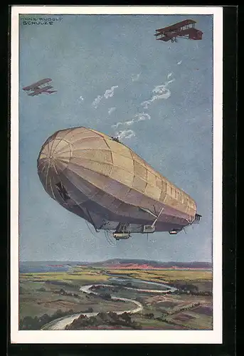 Künstler-AK Zeppelin Hansa im Kampf mit feindlichen Flugzeugen