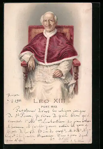 Lithographie Papst Leo XIII. sitzt auf einem Stuhl