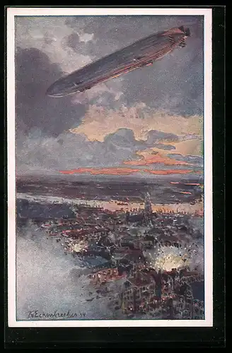 Künstler-AK Themistokles von Eckenbrecher: Antwerpen, Zeppelin wirft Bomben über der Stadt ab