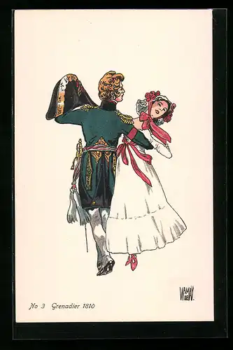 Künstler-AK sign. Wr. de May: Schweizer Grenadier tanzt mit Frau, 1810