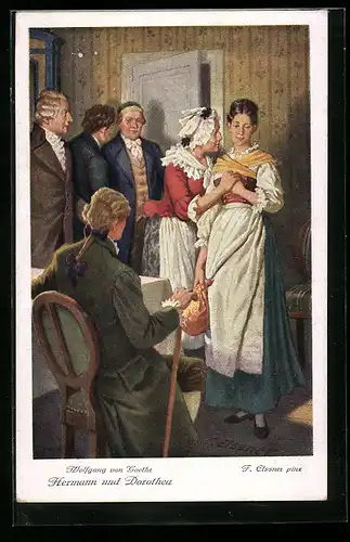 Künstler-AK Felix Elssner: Hermann und Dorothea v. Goethe, weinende Frau wird von der Schwiegermutter in spe umfasst