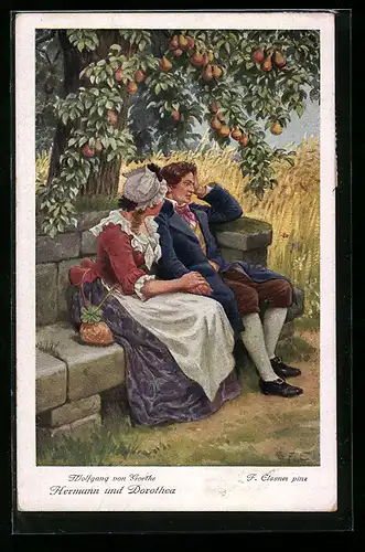 Künstler-AK sign. F. Elssner: Hermann und Dorothea, Wolfgang v. Goehte, Unterm Birnenbaum