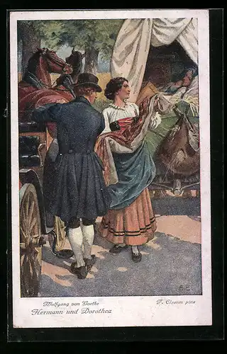 Künstler-AK Felix Elssner: Hermann und Dorothea v. Goethe, Frau erhält den Schlafrock des Vaters