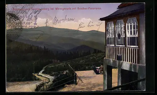 AK Wernigerode, Berggasthaus Armeleuteberg mit Brocken-Panorama
