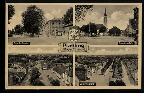 AK Plattling /Bayer. Ostmark, Ludwigsplatz, Preysingplatz, Bahnhofstrasse