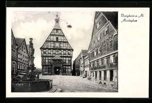 AK Besigheim a. N., Marktplatz mit Apotheke und Brunnen