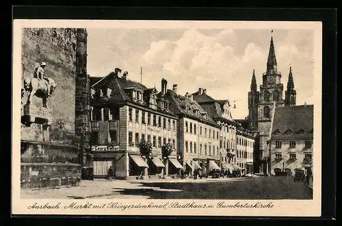 AK Ansbach, Markt mit Möbelgeschäft von Georg Kaiser, Stadthaus und Gumbertuskirche