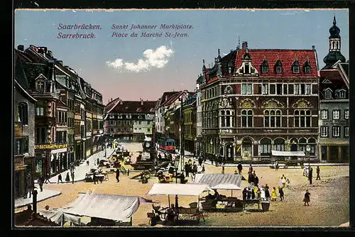 AK Saarbrücken, Sankt Johanner Marktplatz mit Geschäft und Strassenbahn