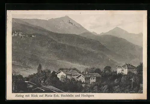 AK Alzing, Ortspartie mit Blick auf Maria-Eck, Hochfelln und Hochgern