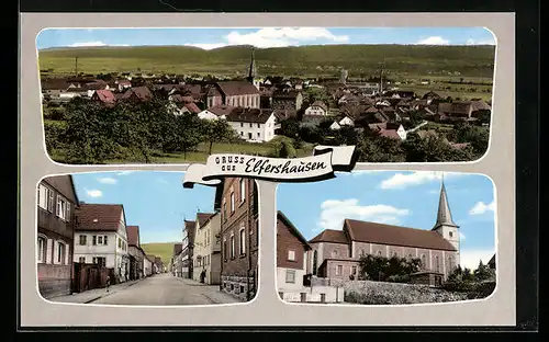 AK Elfershausen, Strassenpartie mit Geschäft, Kirche, Teilansicht