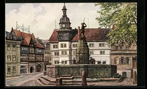 Künstler-AK Eisenach, Marktplatz mit Hof-Apotheke und Brunnen