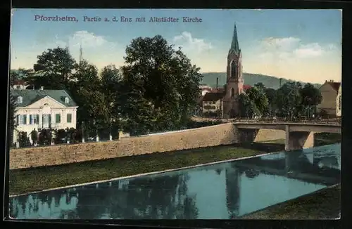 AK Pforzheim, Partie a. d. Enz mit Alstädter Kirche