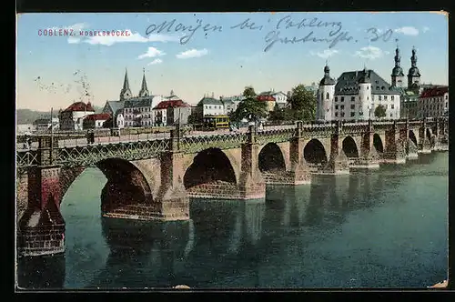 AK Koblenz, Moselbrücke mit Schloss