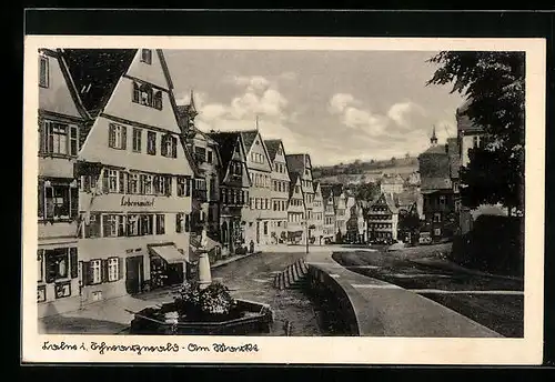 AK Calw i. Schwarzwald, Am Markt mit Lebensmittelgeschäft und Brunnen