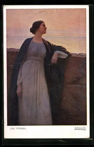 Künstler-AK Josef Straka: Sehnsucht, Dame allein an einer Mauer